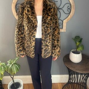 TAHARI Leopard Animal Print Faux Fur Teddy Pea Coat Jacket